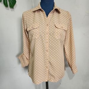Notations Tan White Polka Dot Button Shirt Blouse